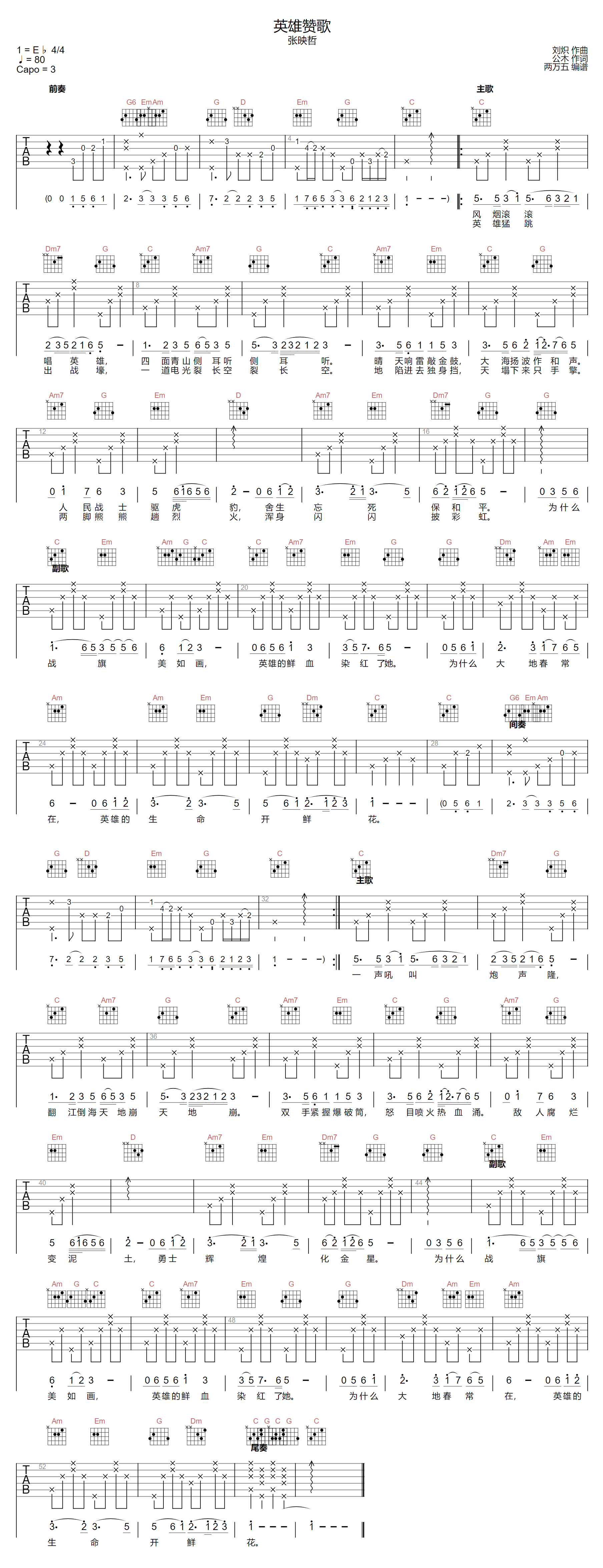 张映哲《英雄赞歌》吉他谱_C调指法原版弹唱谱