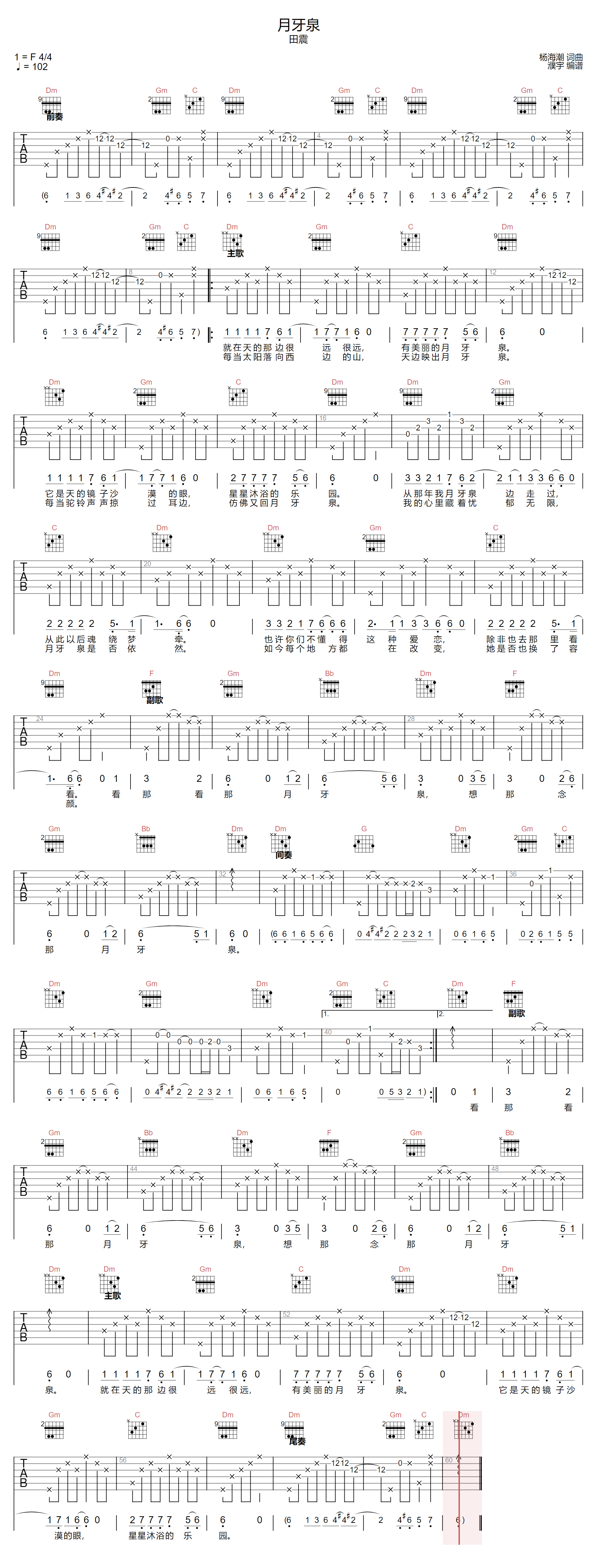 田震《月牙泉》吉他谱_F调指法原版弹唱谱 田震《月牙泉》吉他谱_F调指法原版弹唱谱