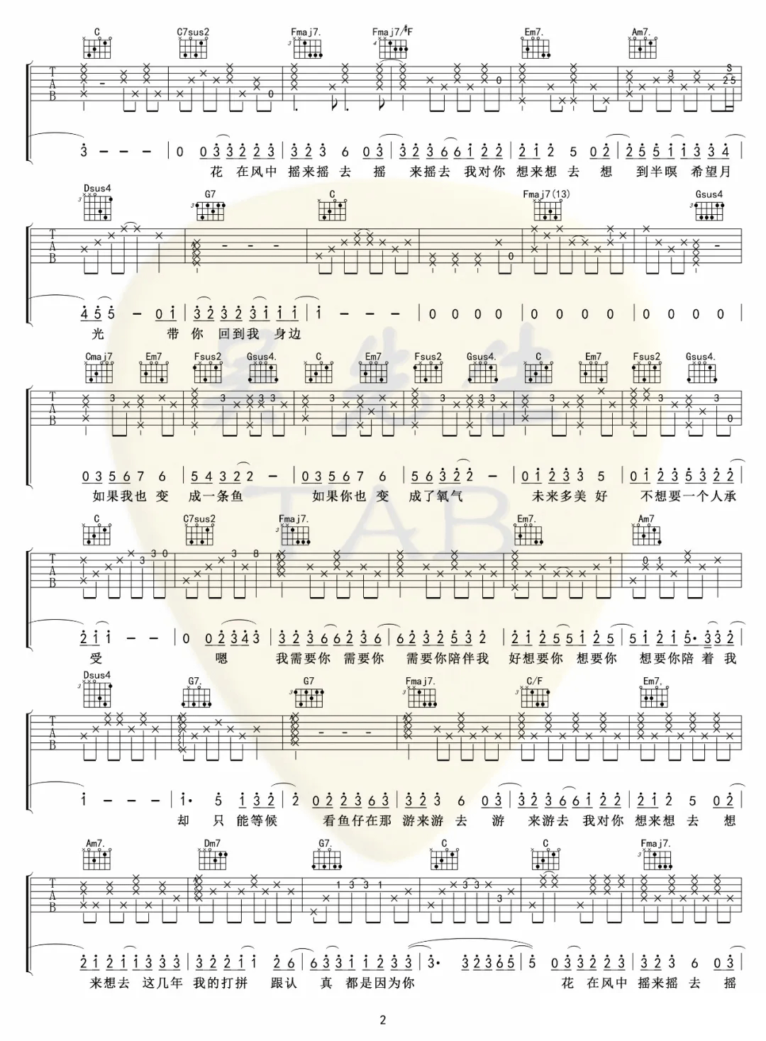 卢广仲《鱼仔》吉他谱_鱼仔C调原版弹唱谱