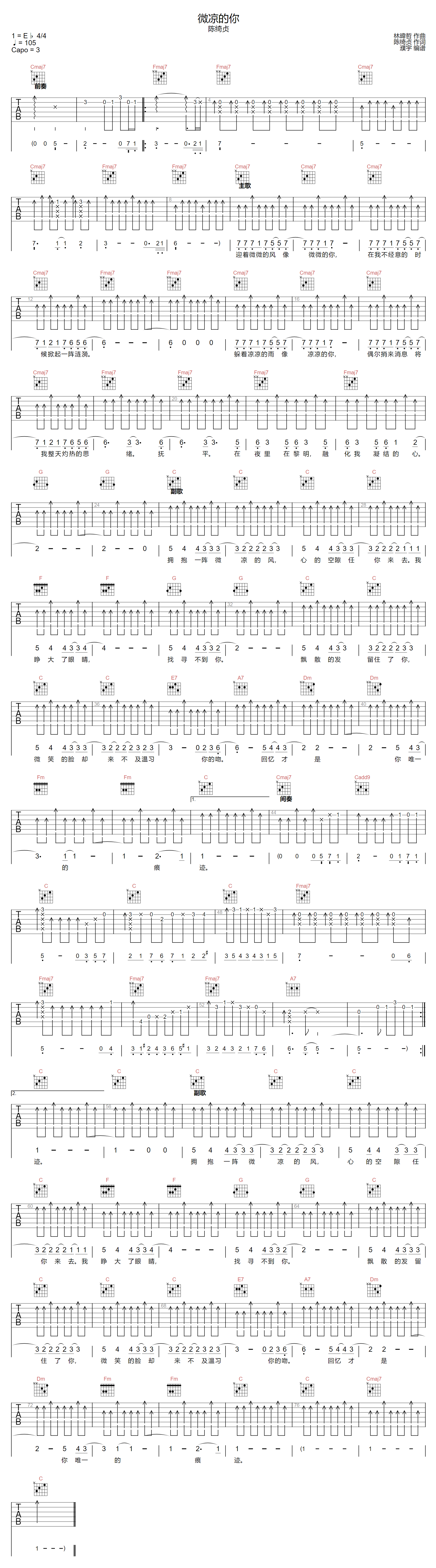 陈绮贞《微凉的你》吉他谱_C调指法原版弹唱谱
