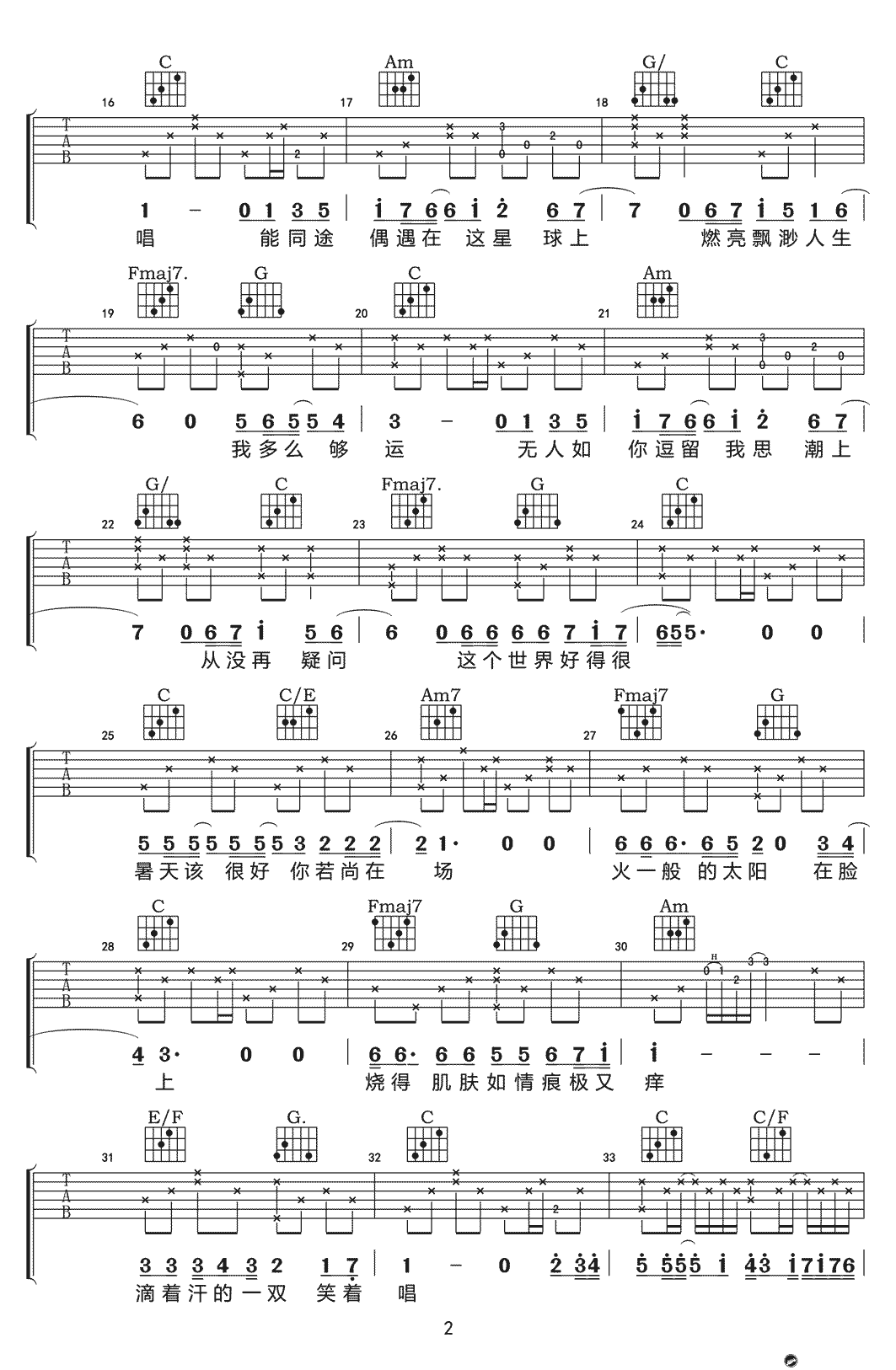 张国荣《春夏秋冬》吉他谱_C调指法简单版