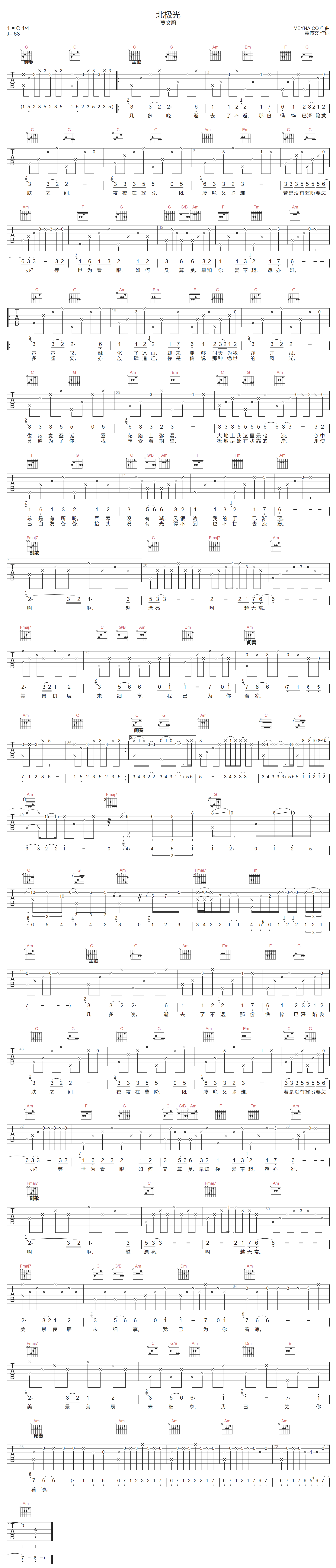 莫文蔚《北极光》吉他谱_C调指法弹唱谱