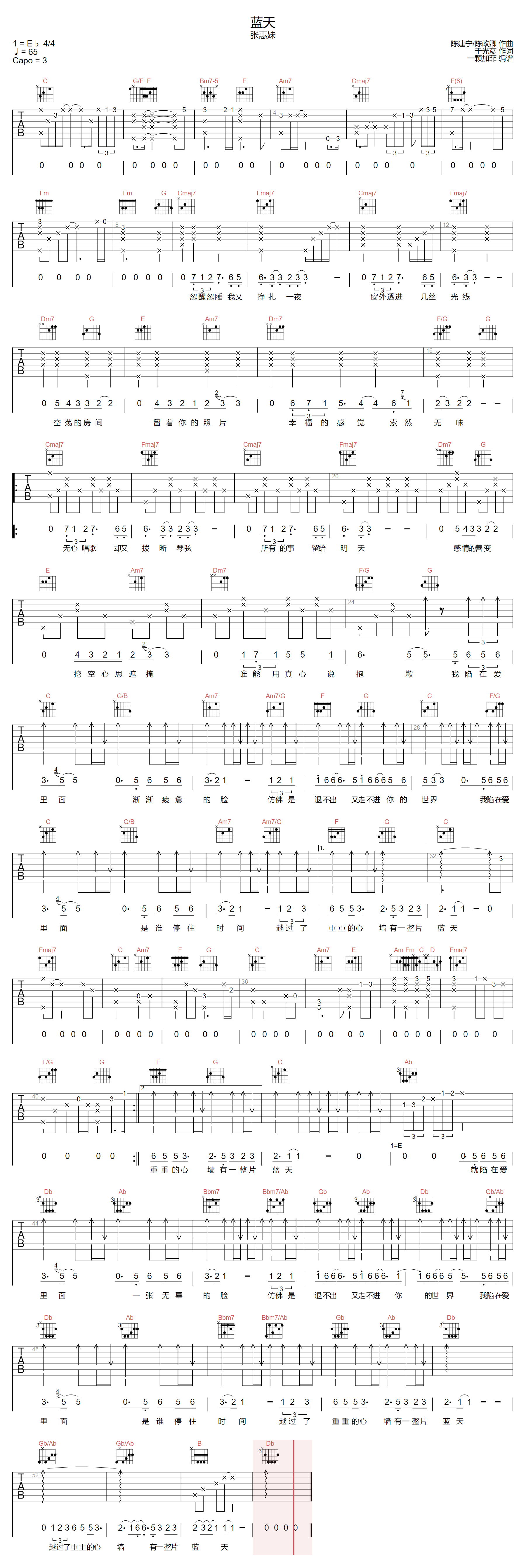 张惠妹《蓝天》吉他谱_C调指法原版弹唱谱