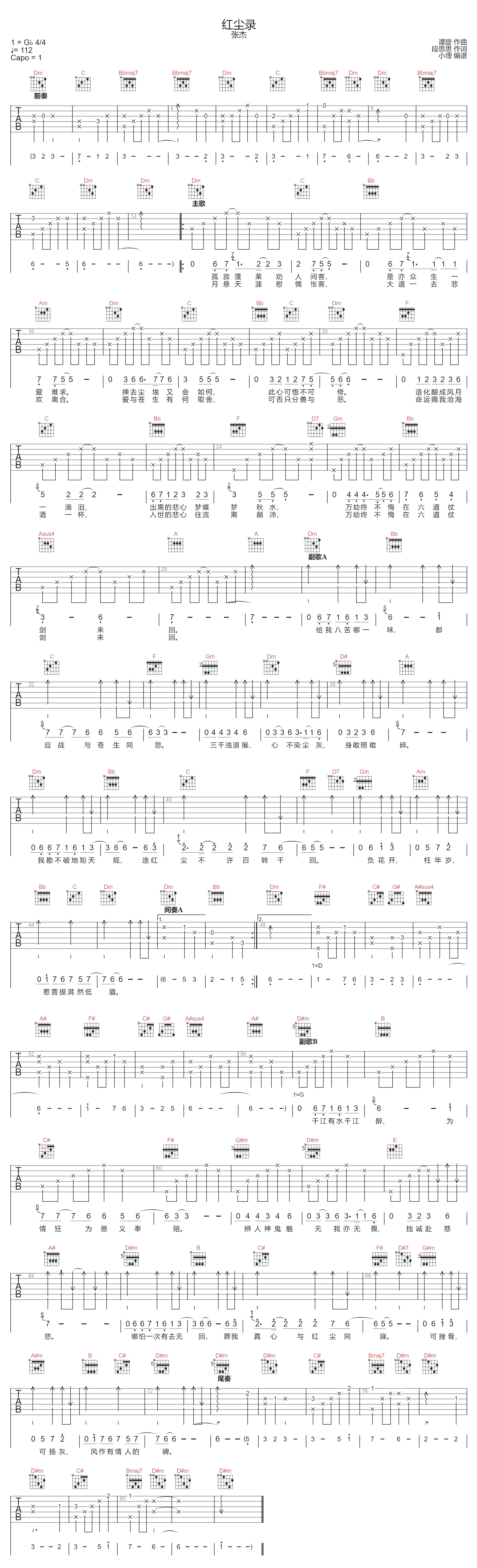 张杰《红尘录》吉他谱_F调指法原版弹唱谱