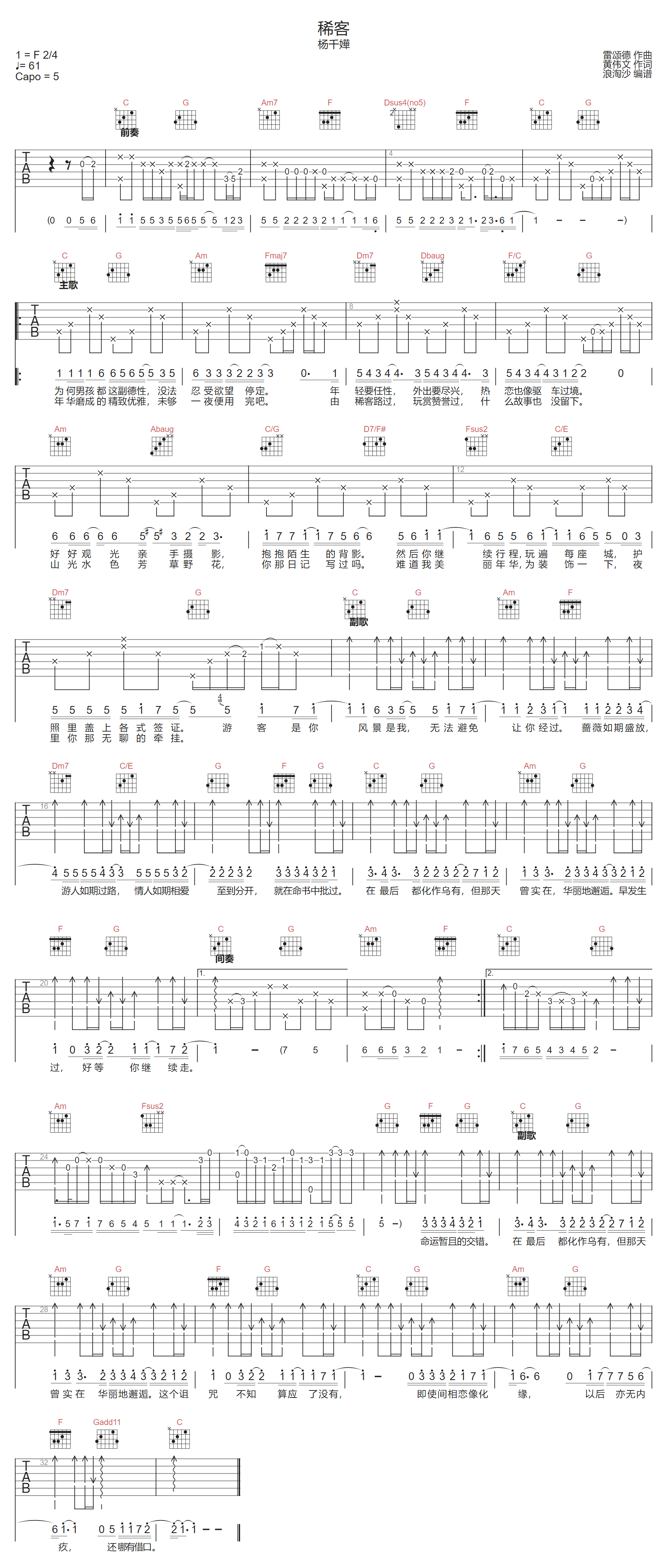 杨千嬅《稀客》吉他谱_C调指法原版弹唱谱