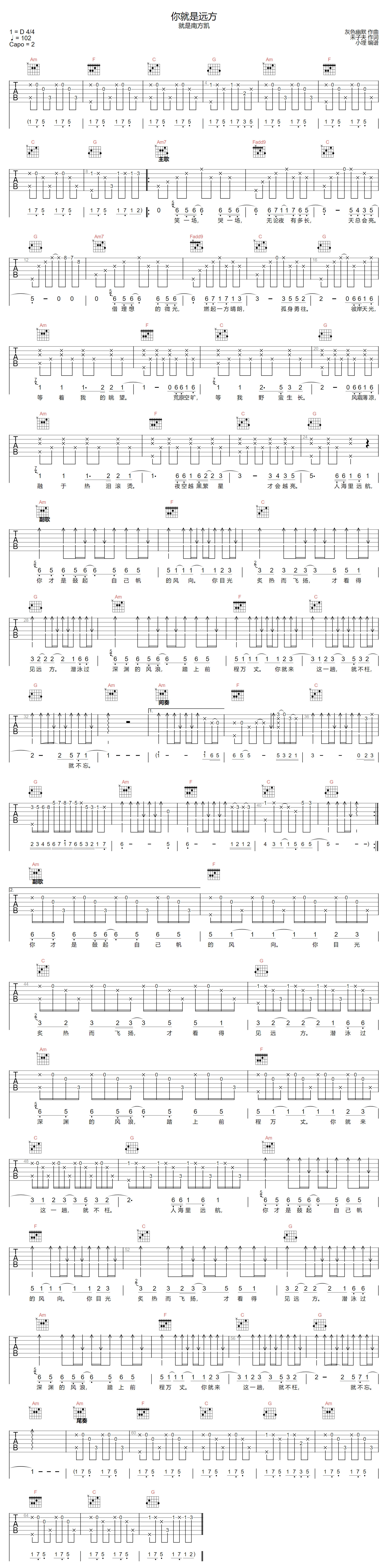 就是南方凯《你就是远方》吉他谱_C调指法弹唱谱