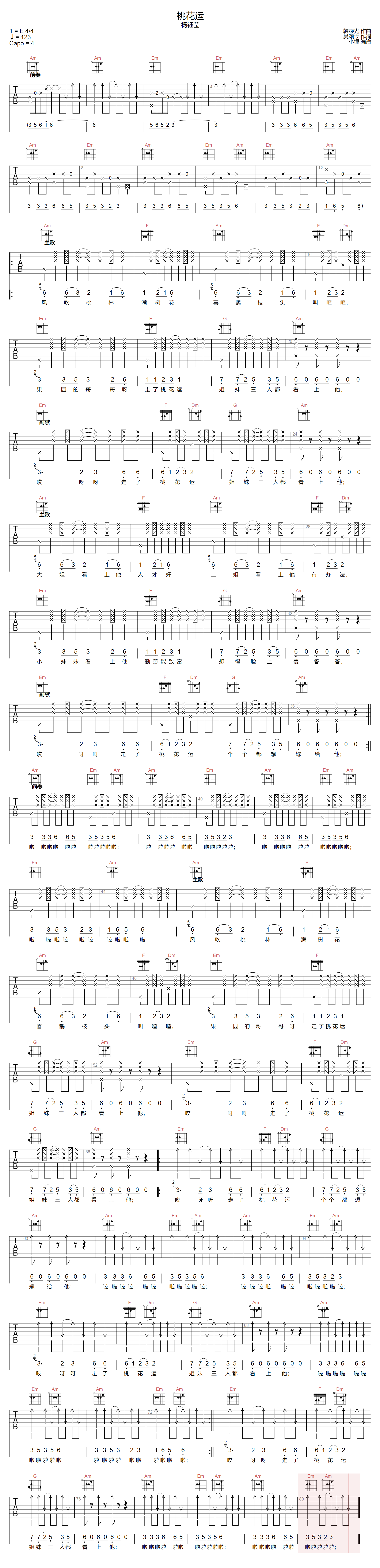 杨钰莹《桃花运》吉他谱_C调指法原版弹唱谱