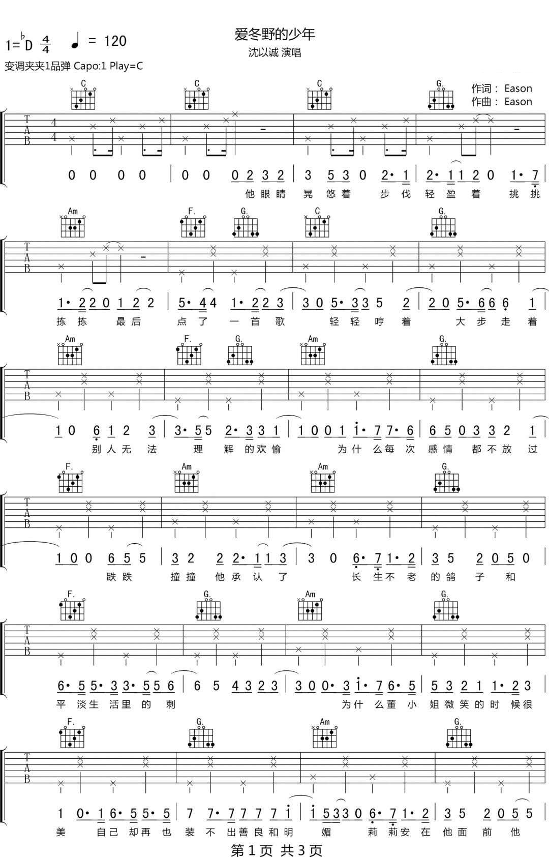 沈以诚《爱冬野的少年》吉他谱_C调指法弹唱谱 沈以诚《爱冬野的少年》吉他谱_C调指法弹唱谱