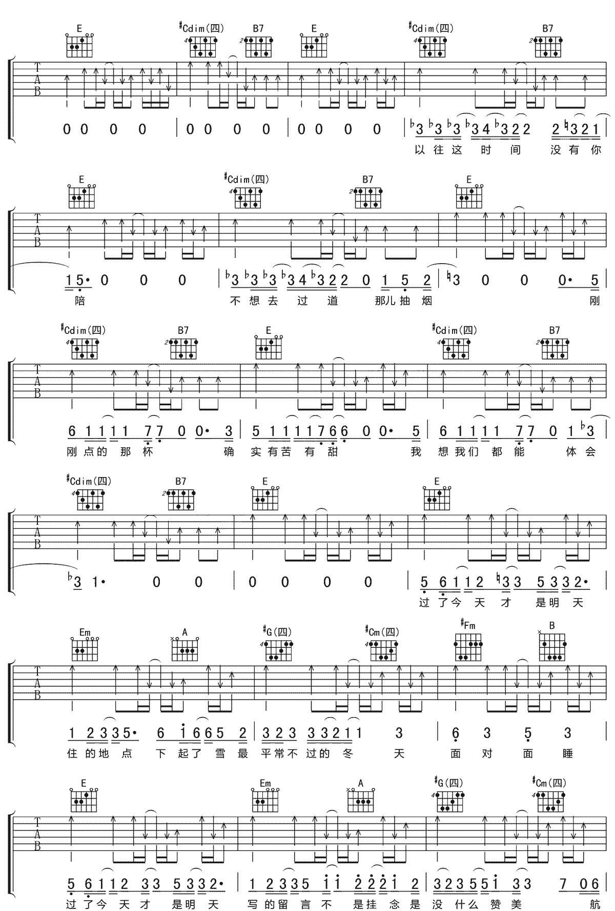 李荣浩《心里面》吉他谱_E调指法扫弦版 李荣浩《心里面》吉他谱_E调指法扫弦版