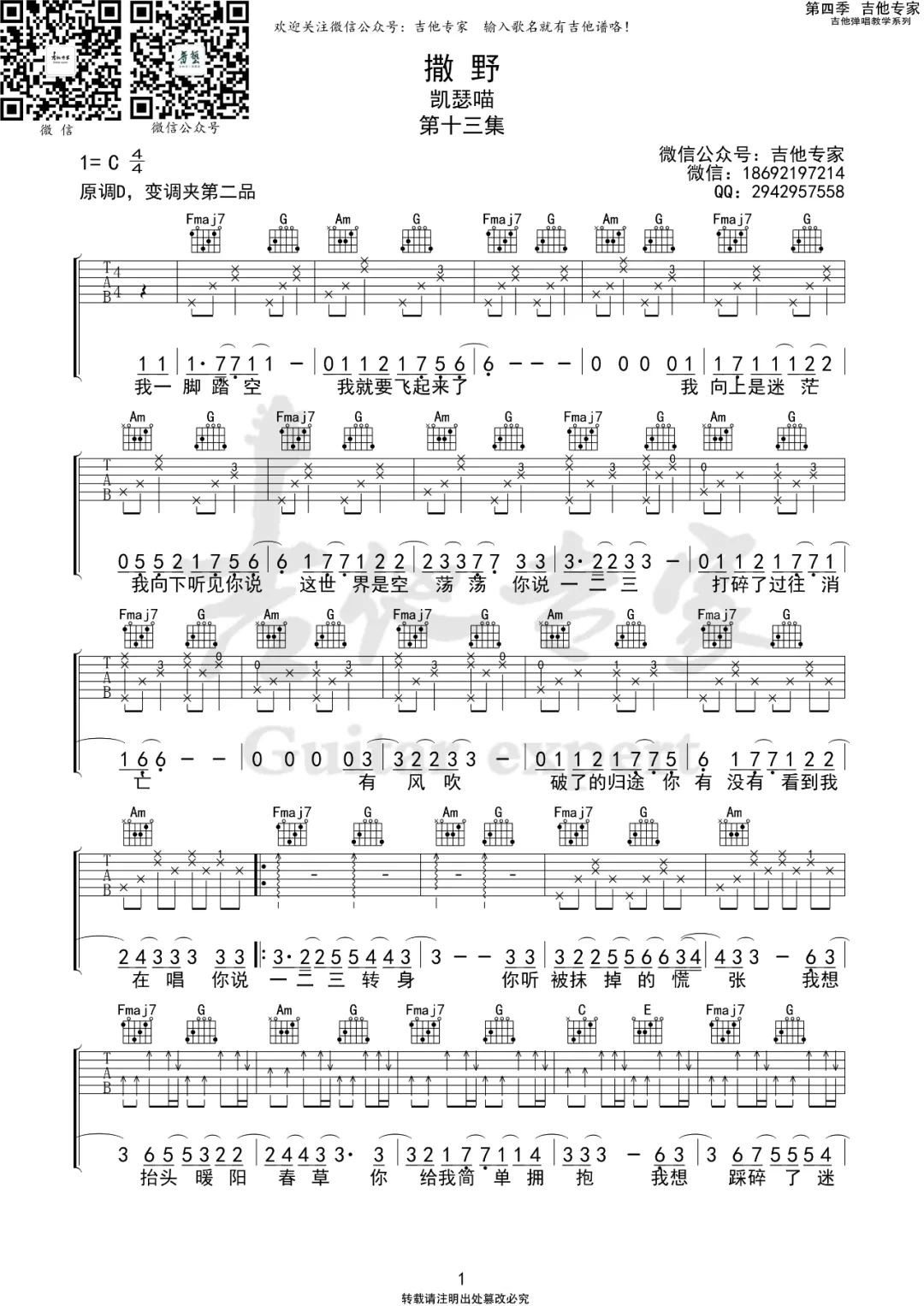 凯瑟喵《撒野》吉他谱_C调指法原版弹唱谱
