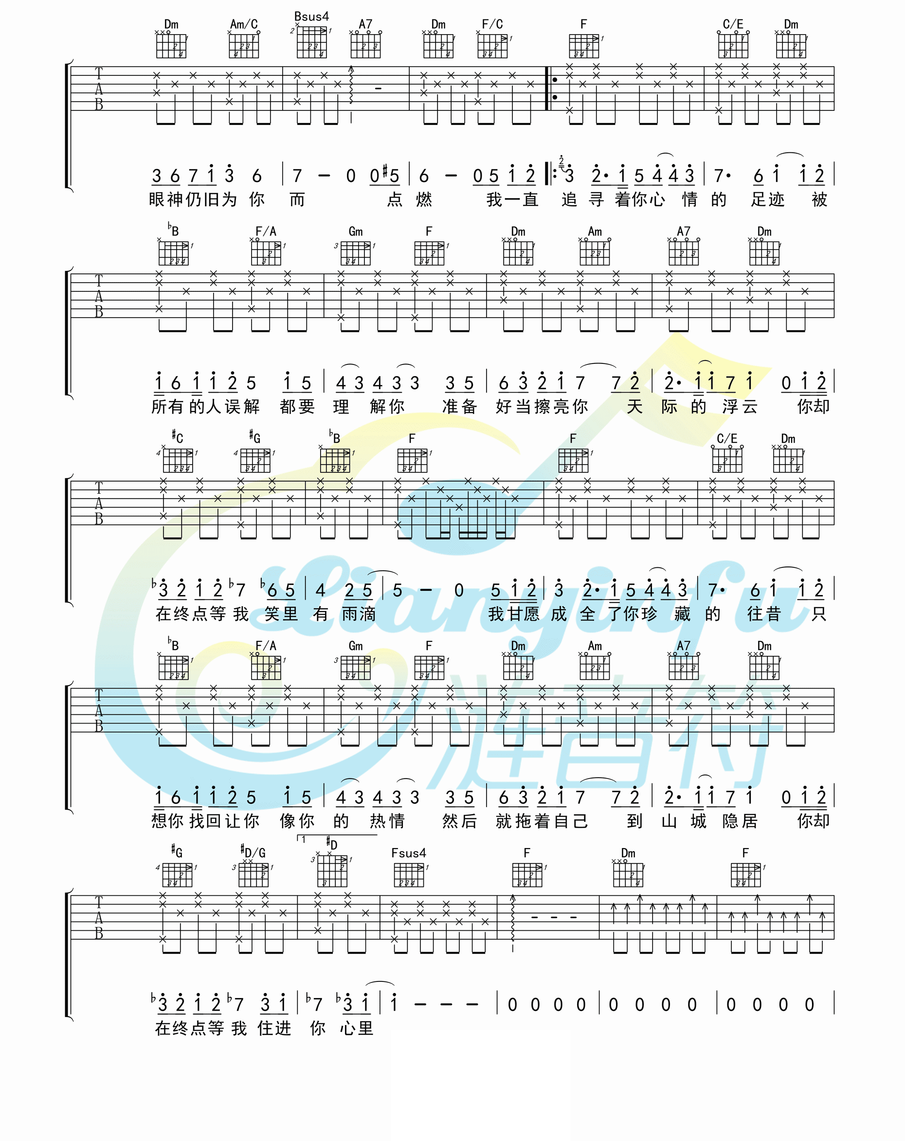 王菲《你在终点等我》吉他谱_F调指法弹唱谱