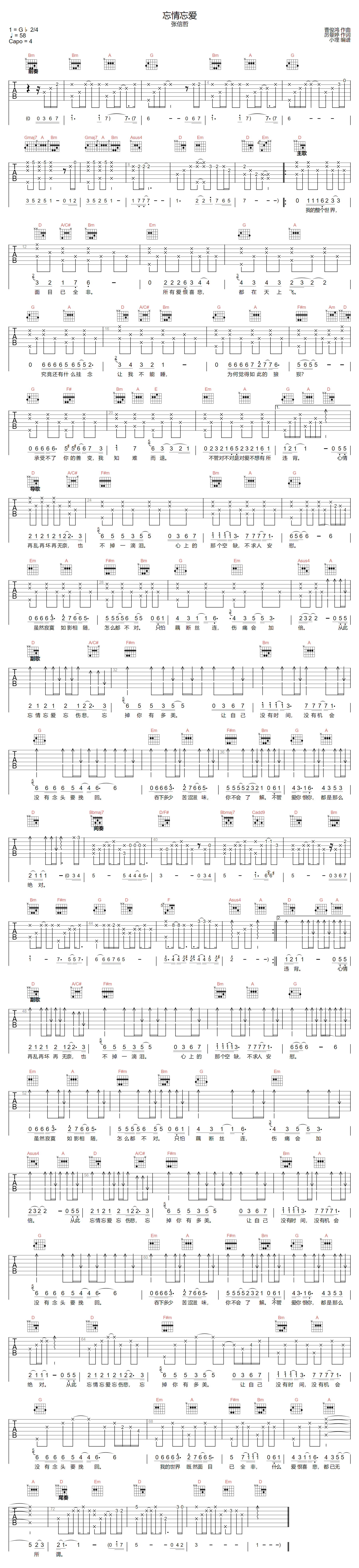 张信哲《忘情忘爱》吉他谱_D调指法原版弹唱谱