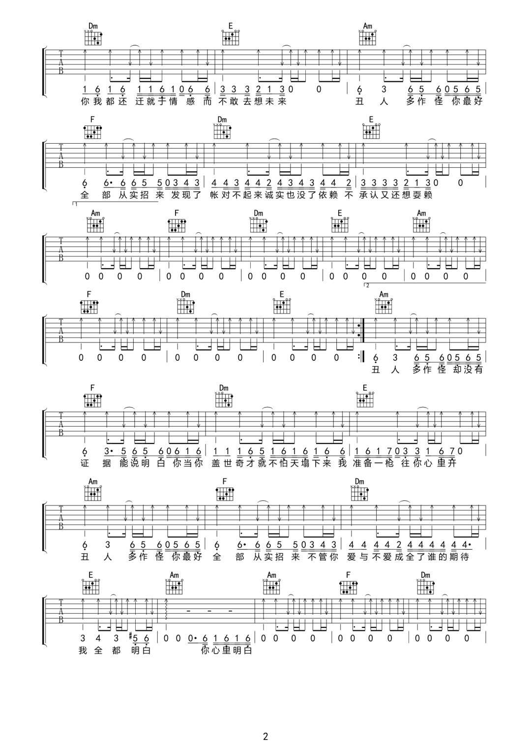 告五人《丑人多作怪》吉他谱_C调原版弹唱谱