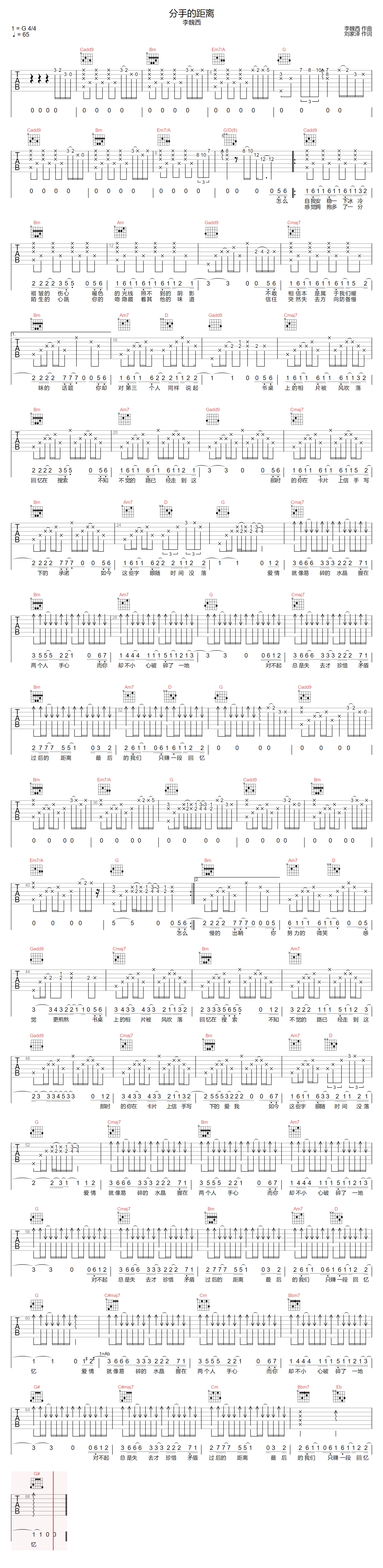 李魏西《分手的距离》吉他谱_G调原版弹唱谱 李魏西《分手的距离》吉他谱_G调原版弹唱谱