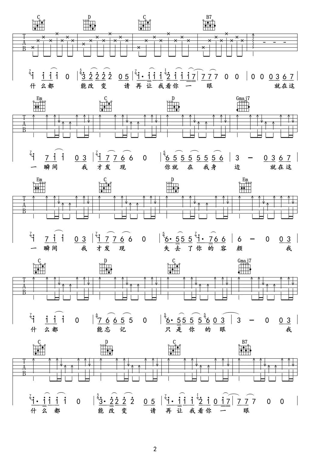 马融/丽江小倩《一瞬间》吉他谱_C调指法弹唱谱