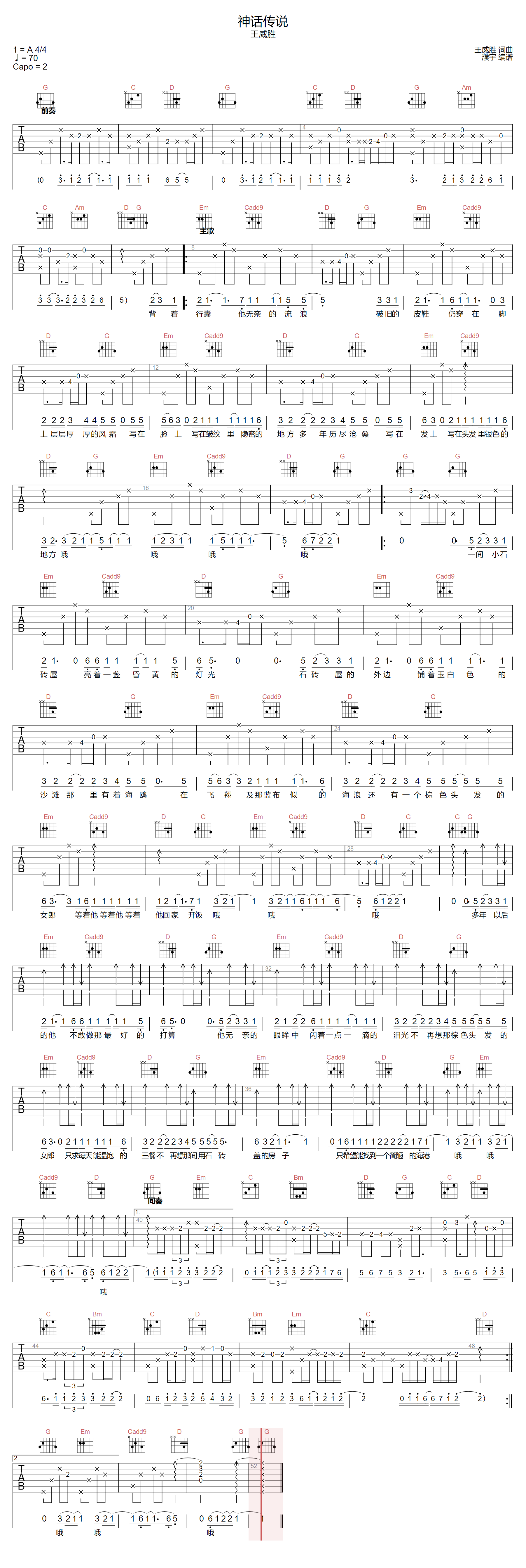 王威胜《神话传说》吉他谱_G调指法原版弹唱谱