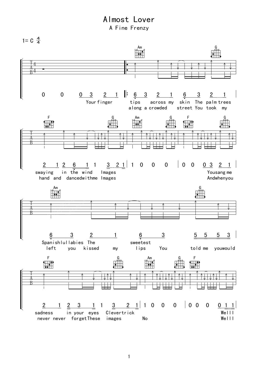 A Fine Frenzy《Almost Lover》吉他谱_C调指法