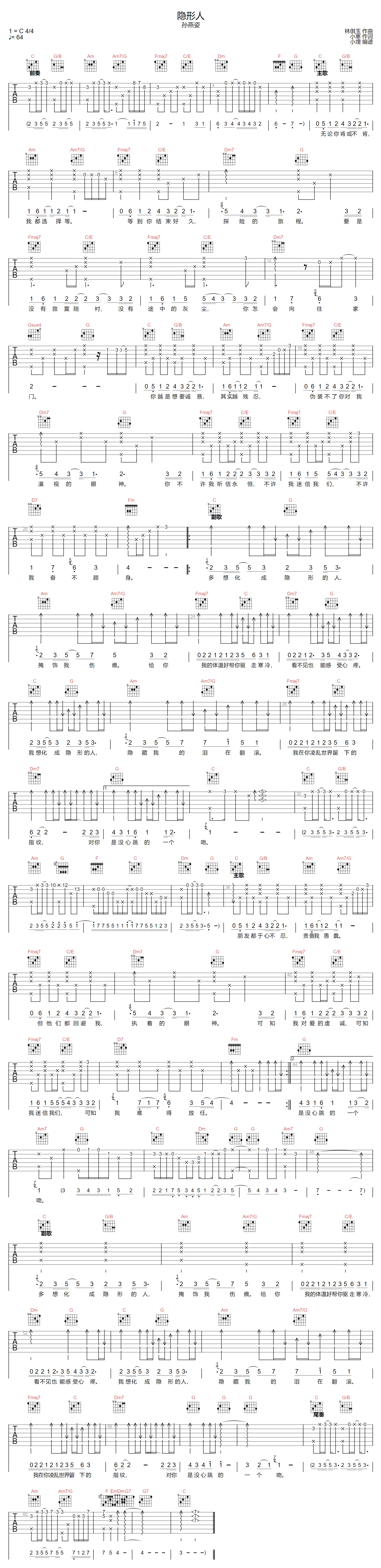 孙燕姿《隐形人》吉他谱_C调指法原版弹唱谱