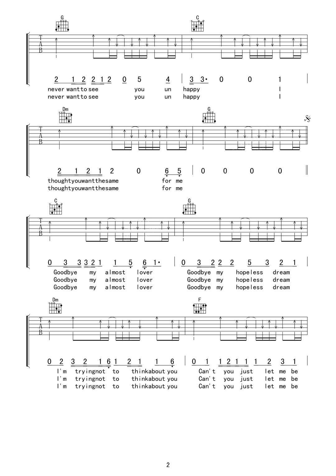 A Fine Frenzy《Almost Lover》吉他谱_C调指法