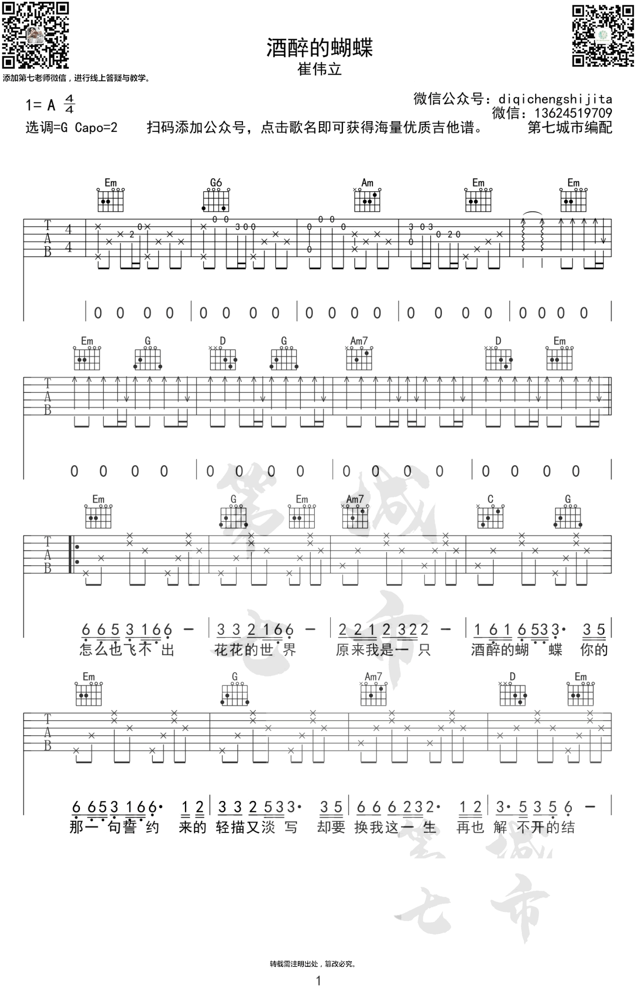 崔伟立《酒醉的蝴蝶》吉他谱_G调原版