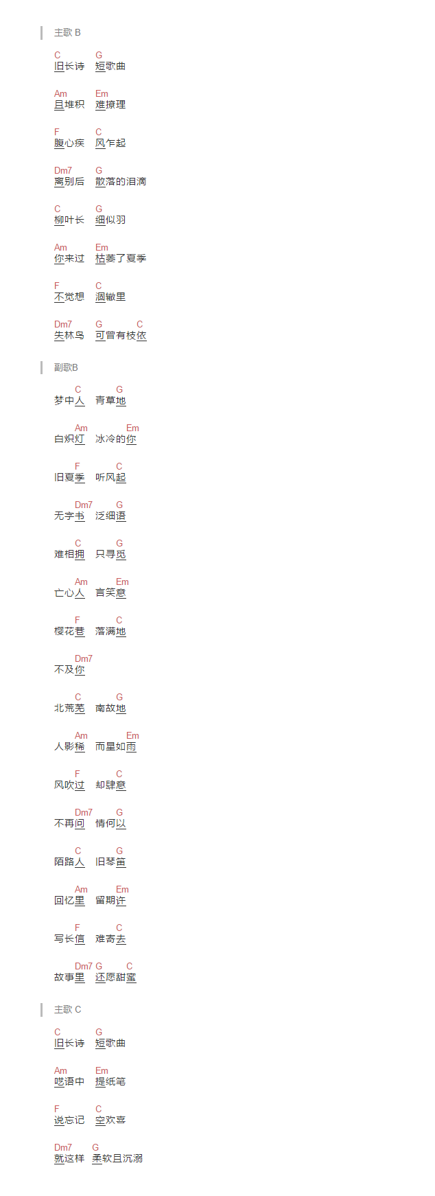 孟凡明《旧诗》吉他谱_C调指法简单版弹唱谱