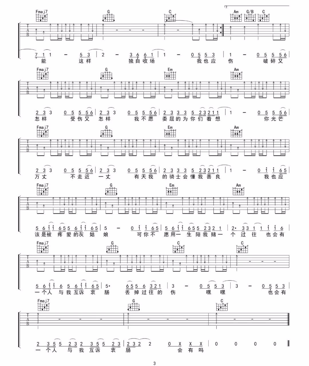 陈雪凝《灰姑娘》吉他谱_C调指法弹唱谱 陈雪凝《灰姑娘》吉他谱_C调指法弹唱谱