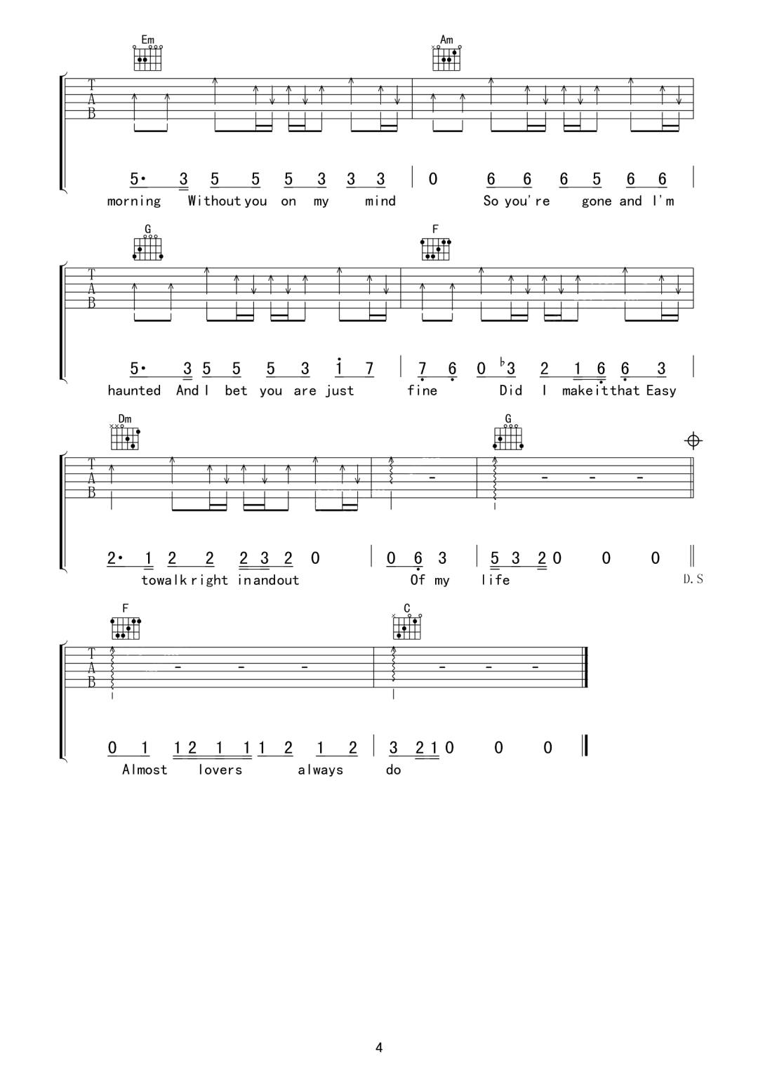 A Fine Frenzy《Almost Lover》吉他谱_C调指法