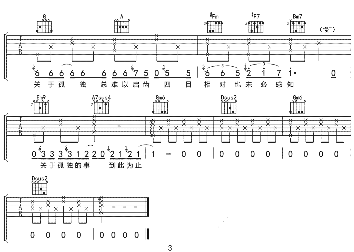 马良《事关孤独》吉他谱_D调指法原版弹唱谱