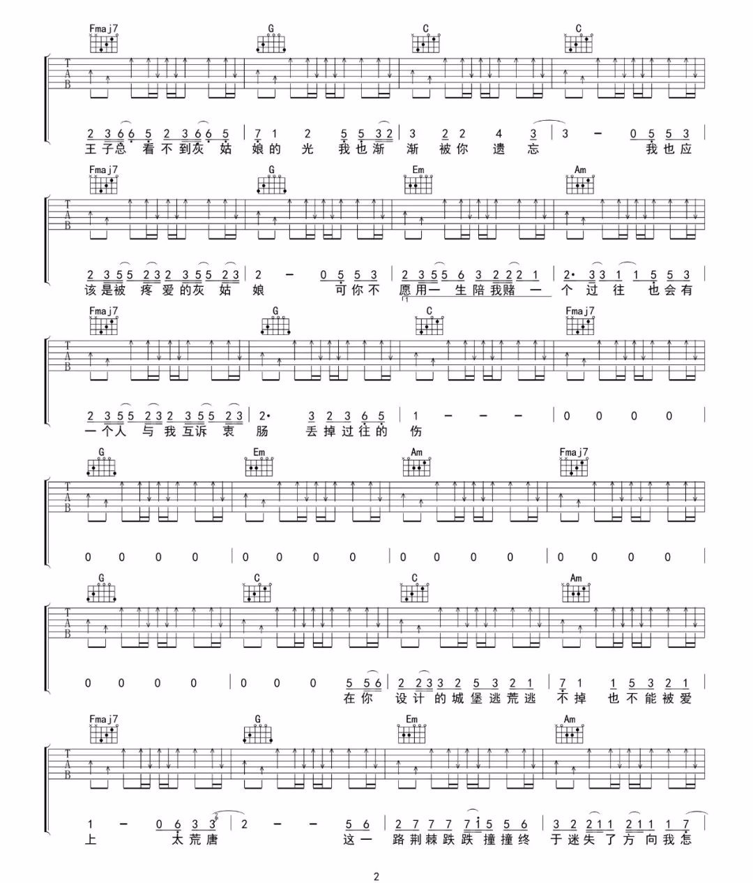 陈雪凝《灰姑娘》吉他谱_C调指法弹唱谱 陈雪凝《灰姑娘》吉他谱_C调指法弹唱谱