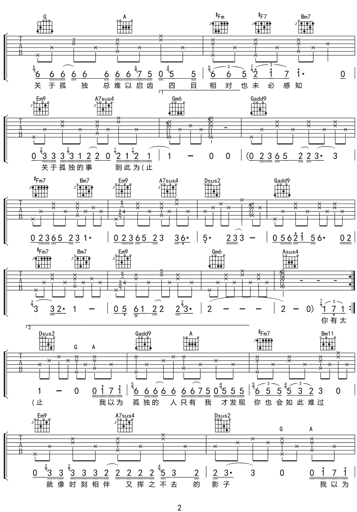 马良《事关孤独》吉他谱_D调指法原版弹唱谱