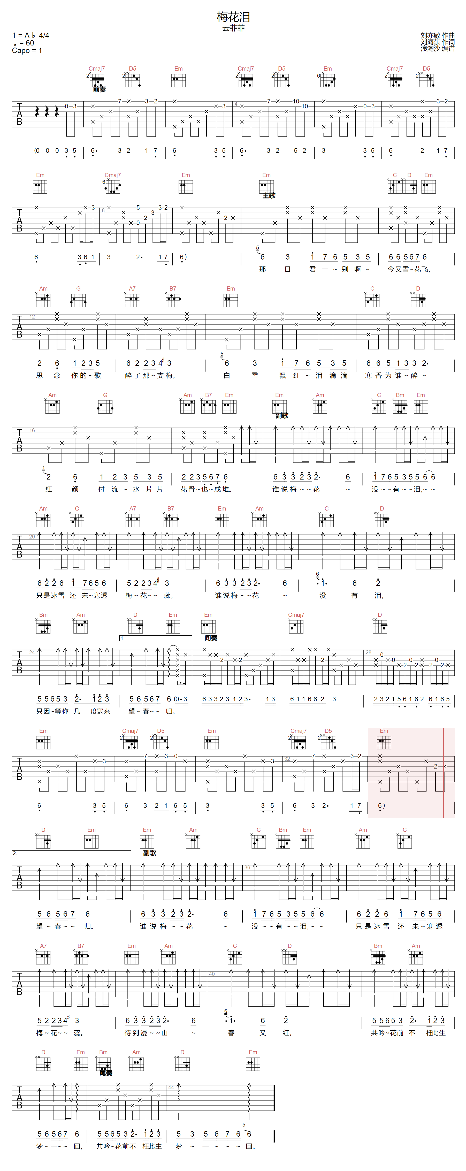 云菲菲《梅花泪》吉他谱_G调指法原版弹唱谱