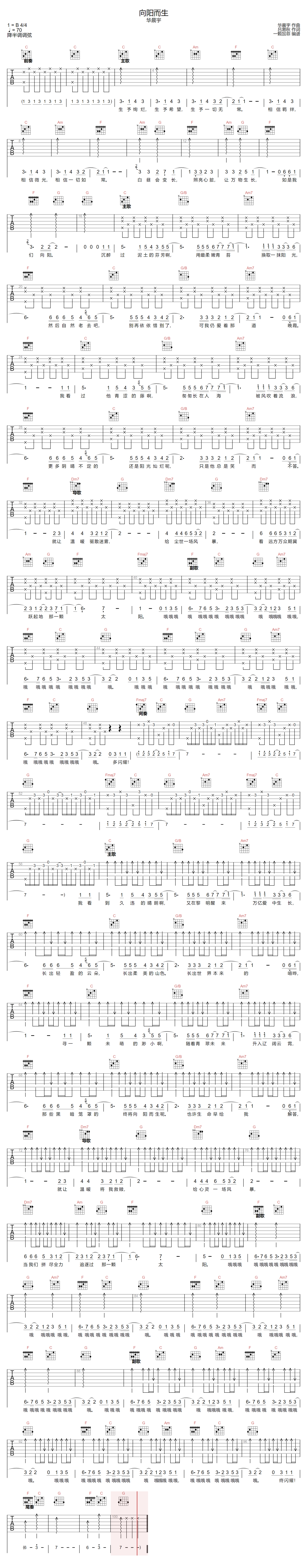 华晨宇《向阳而生》吉他谱_C调指法弹唱谱