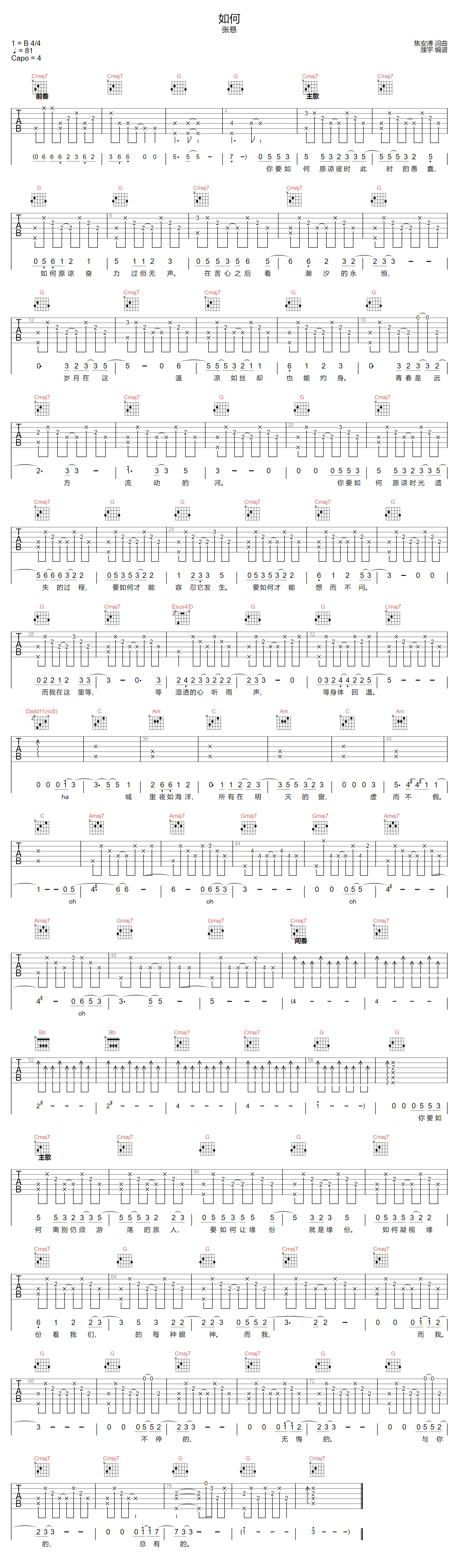 张悬《如何》吉他谱_G调指法原版弹唱谱