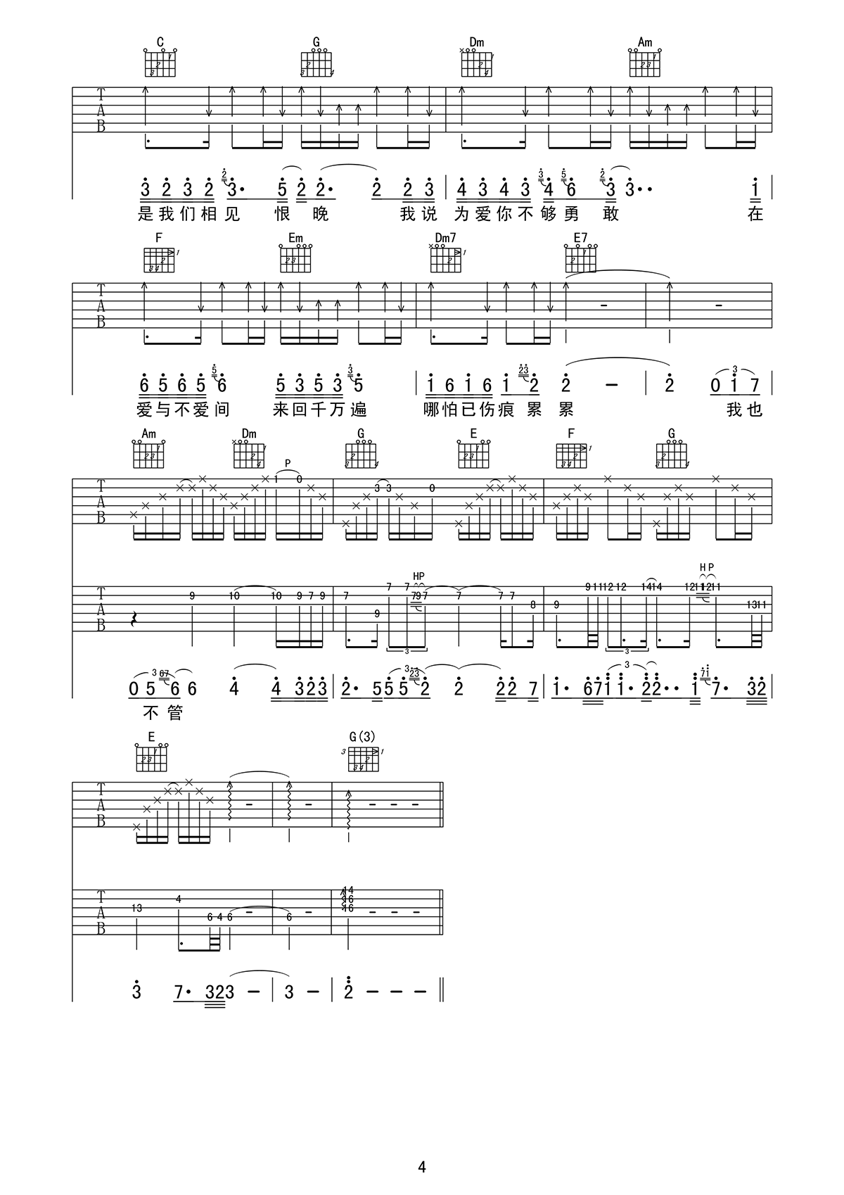 彭佳慧《相见恨晚》吉他谱_C调指法原版弹唱谱