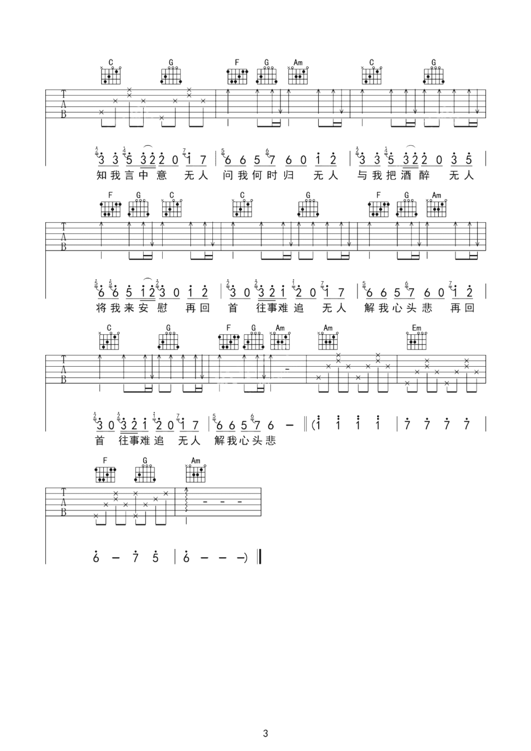 黄静美《无人与我》吉他谱_C调原版弹唱谱