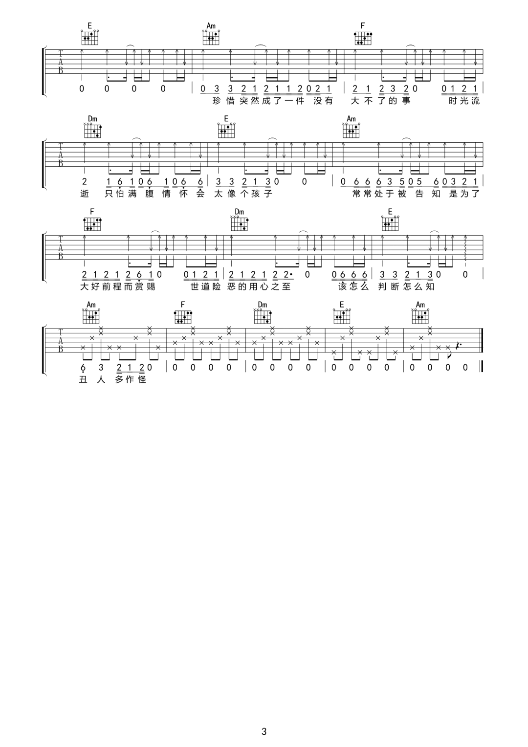 告五人《丑人多作怪》吉他谱_C调原版弹唱谱