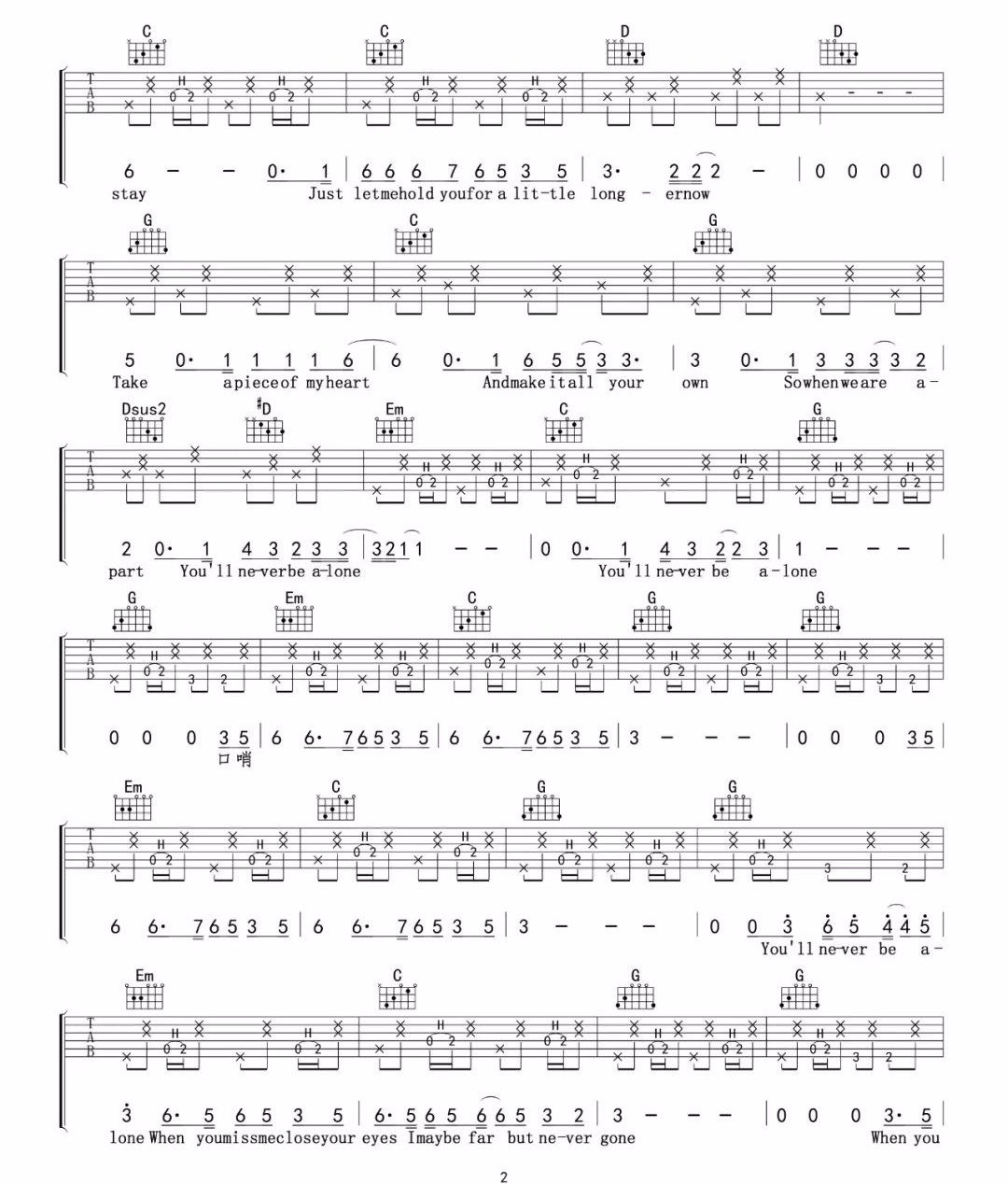 Shawn Mendes《Never Be Alone》吉他谱_G调_吉他弹唱吉他谱