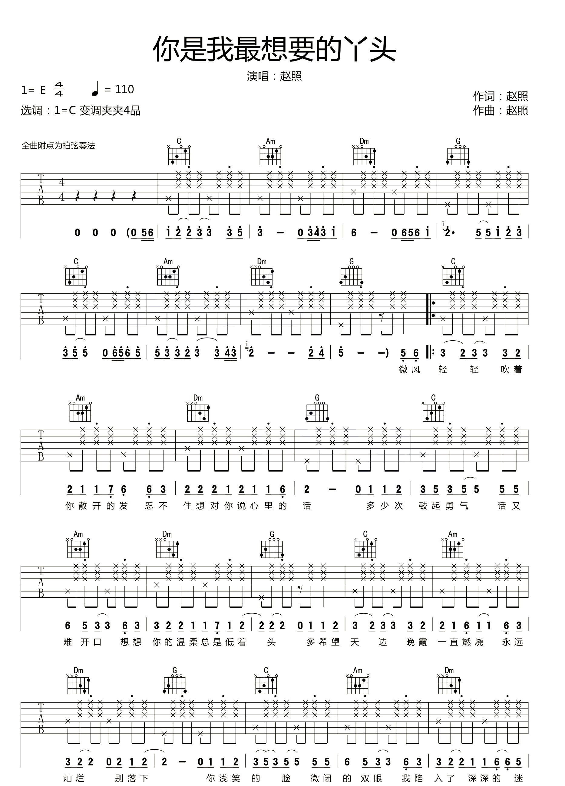 赵照《你就是我最想要的丫头》吉他谱_C调原版