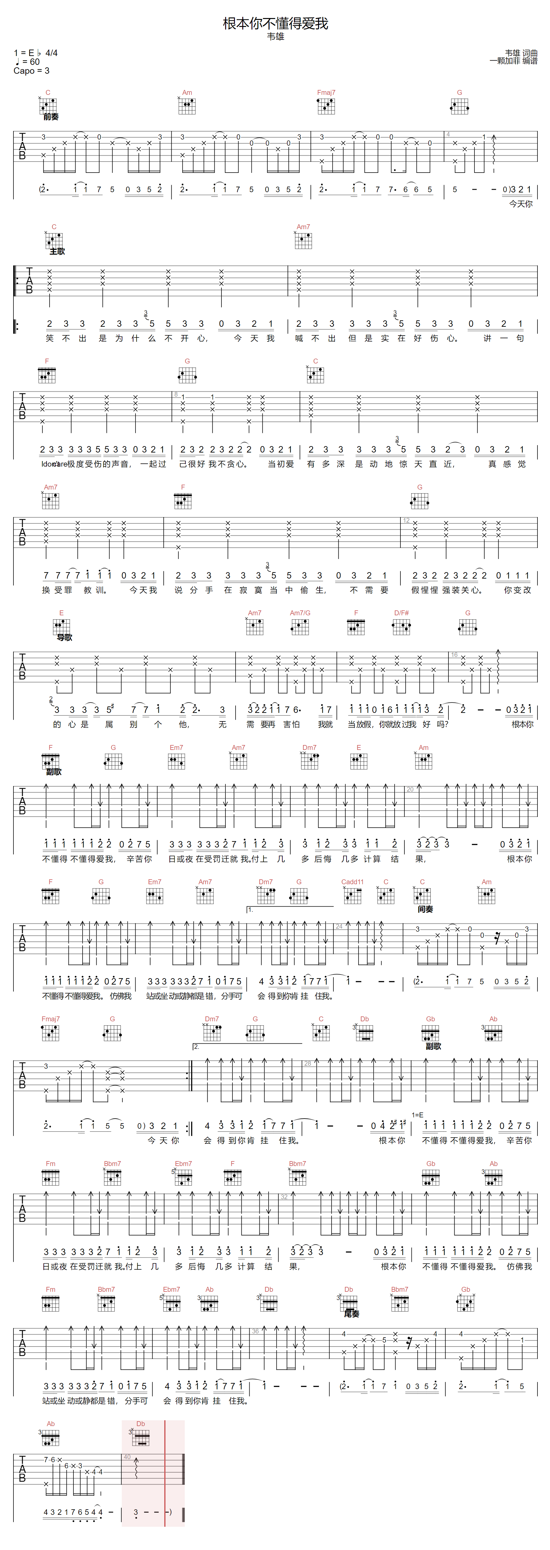 韦雄《根本你不懂得爱我》吉他谱_C调原版