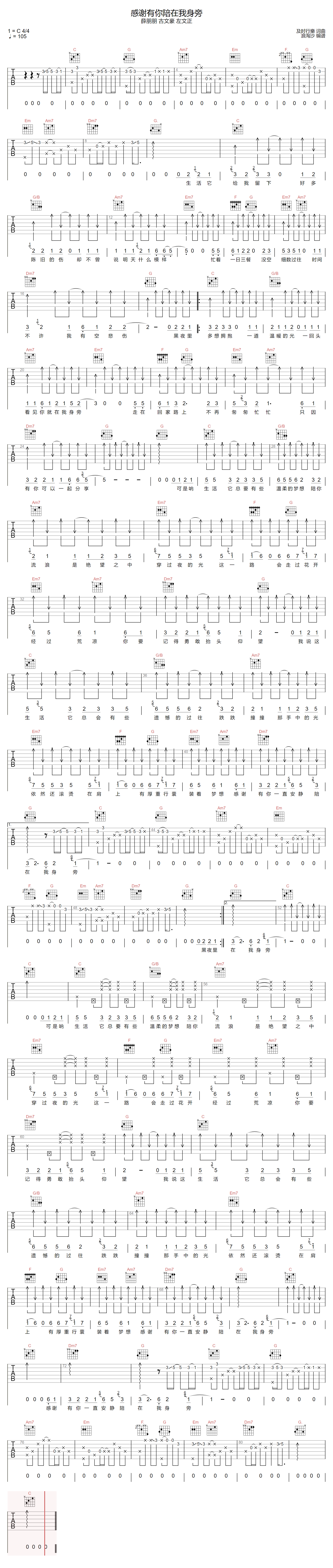 感谢有你陪在我身旁吉他谱_C调_薛朋朋/古文豪/左文正 感谢有你陪在我身旁吉他谱_C调_薛朋朋/古文豪/左文正