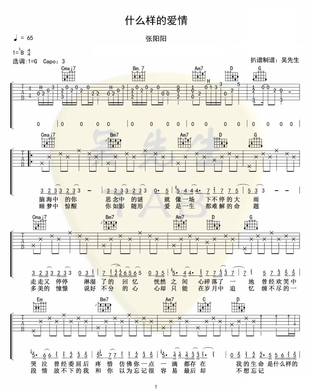 张阳阳《什么样的爱情》吉他谱_G调原版