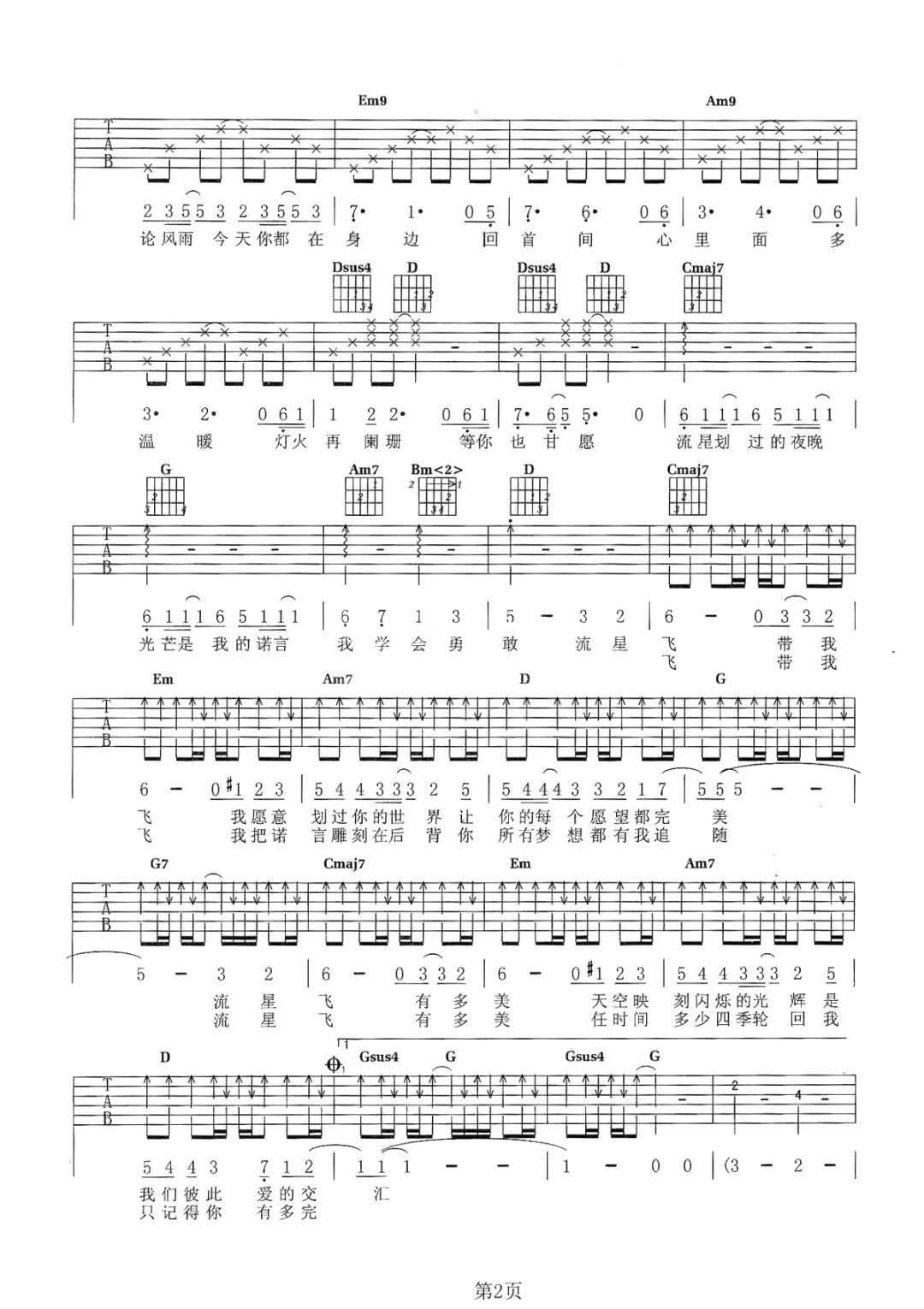 张翰/俞灏明/魏晨《星空物语》吉他谱_G调指法