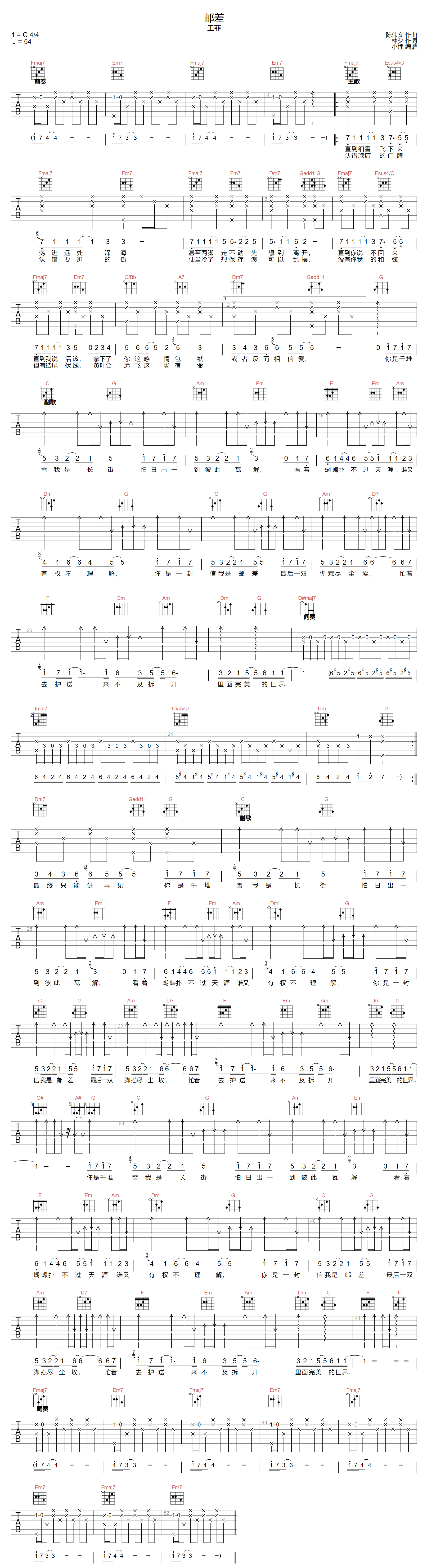 王菲《邮差》吉他谱_C调指法原版弹唱谱