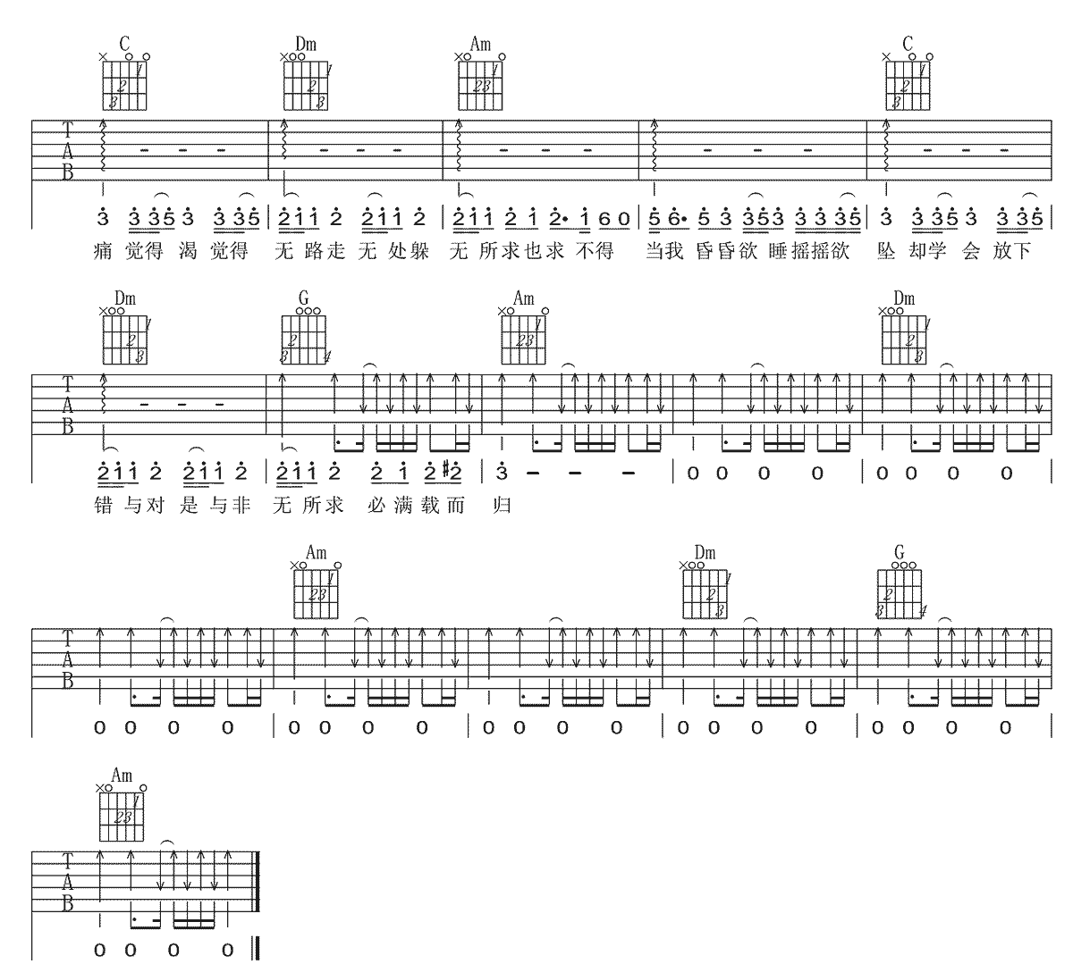陈粒《无所求必满载而归》吉他谱_C调简单版