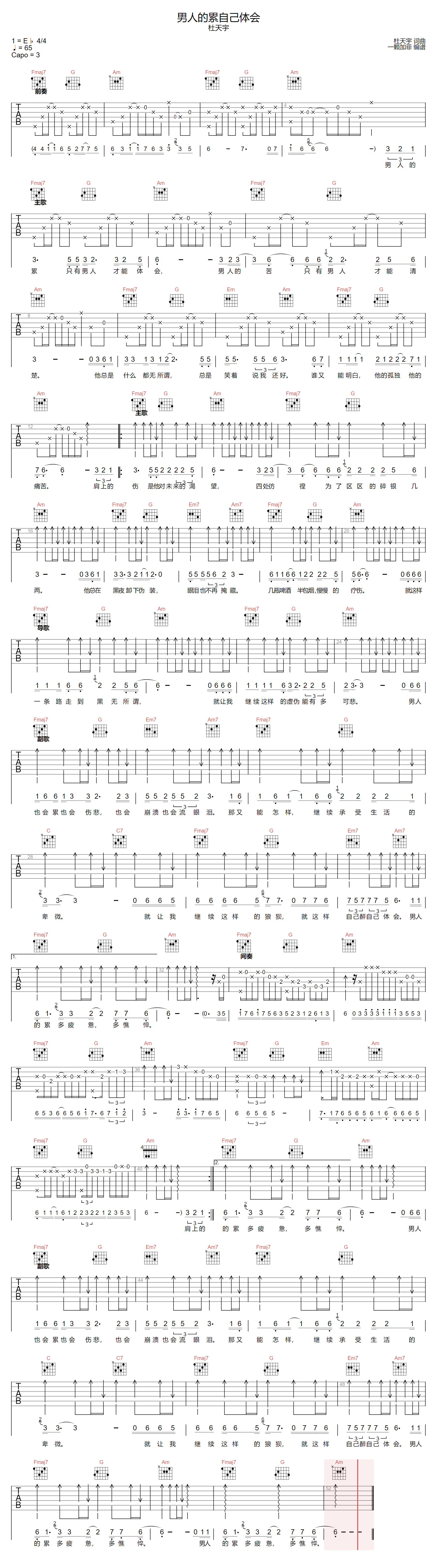 杜天宇《男人的累自己体会》吉他谱_C调原版 杜天宇《男人的累自己体会》吉他谱_C调原版