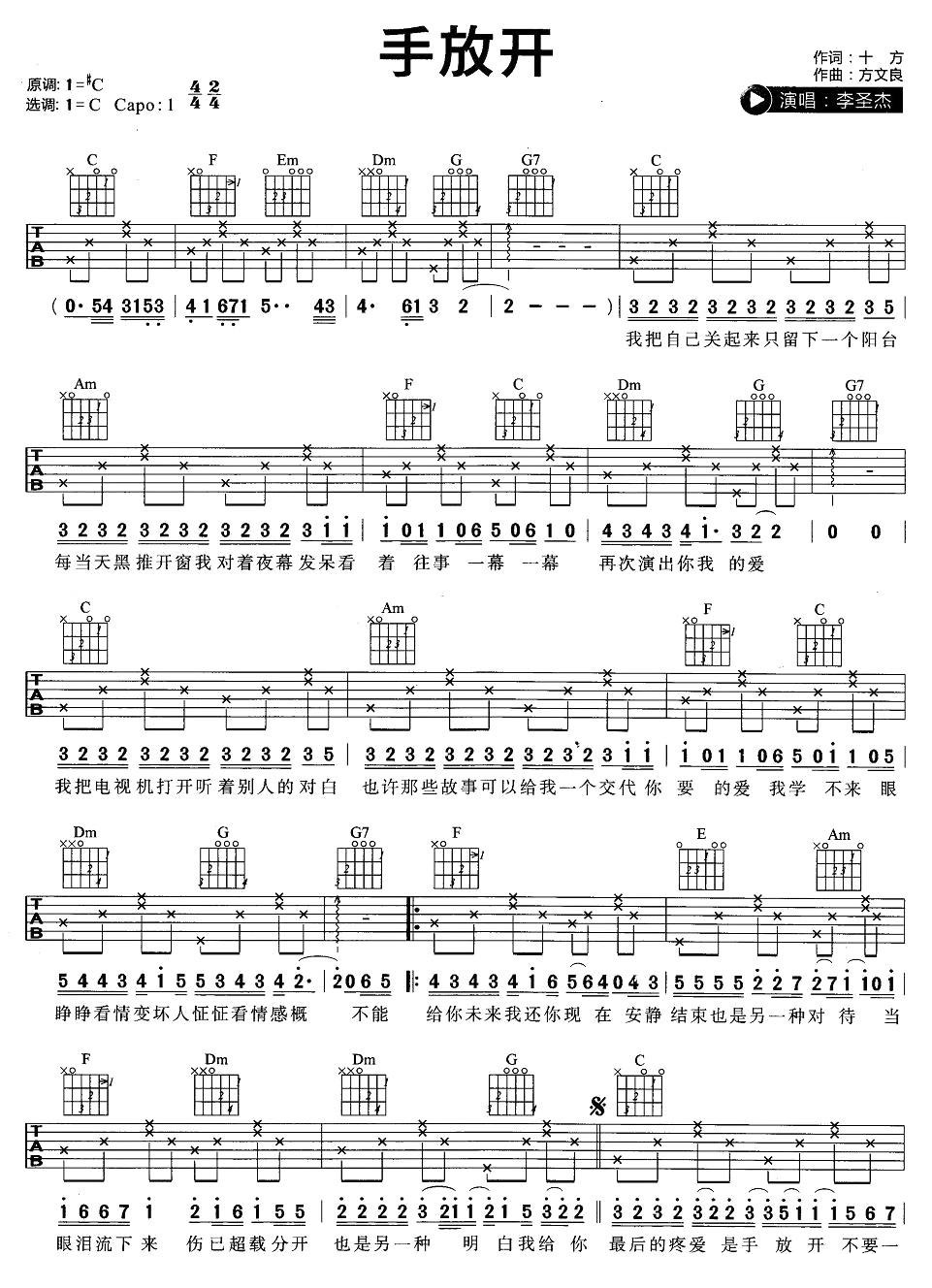 李圣杰《手放开》吉他谱_C调指法弹唱谱