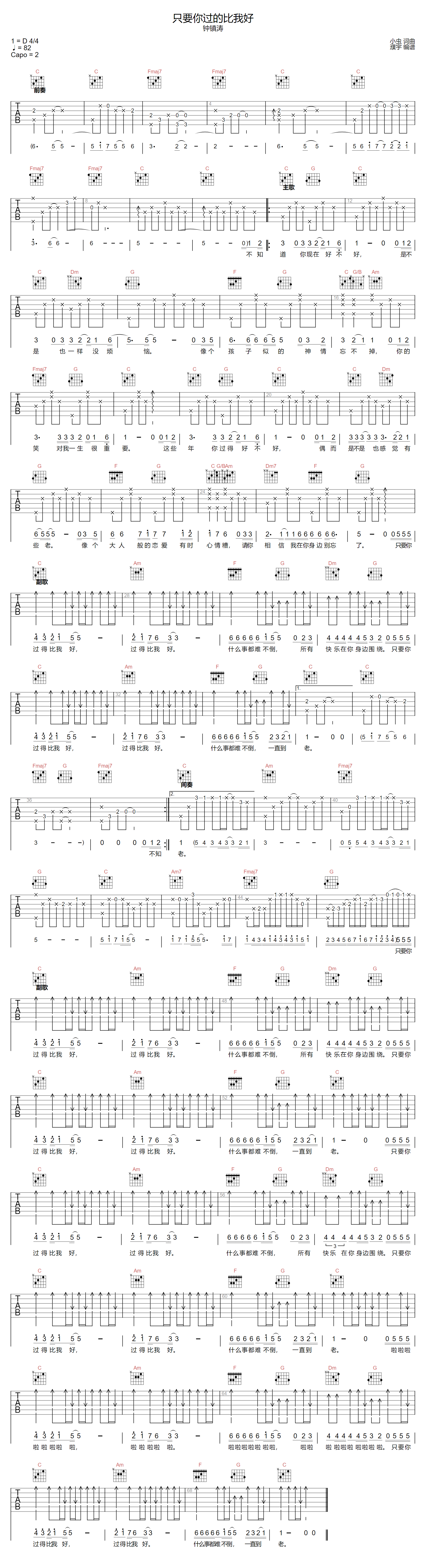 钟镇涛《只要你过得比我好》吉他谱_C调指法 钟镇涛《只要你过得比我好》吉他谱_C调指法