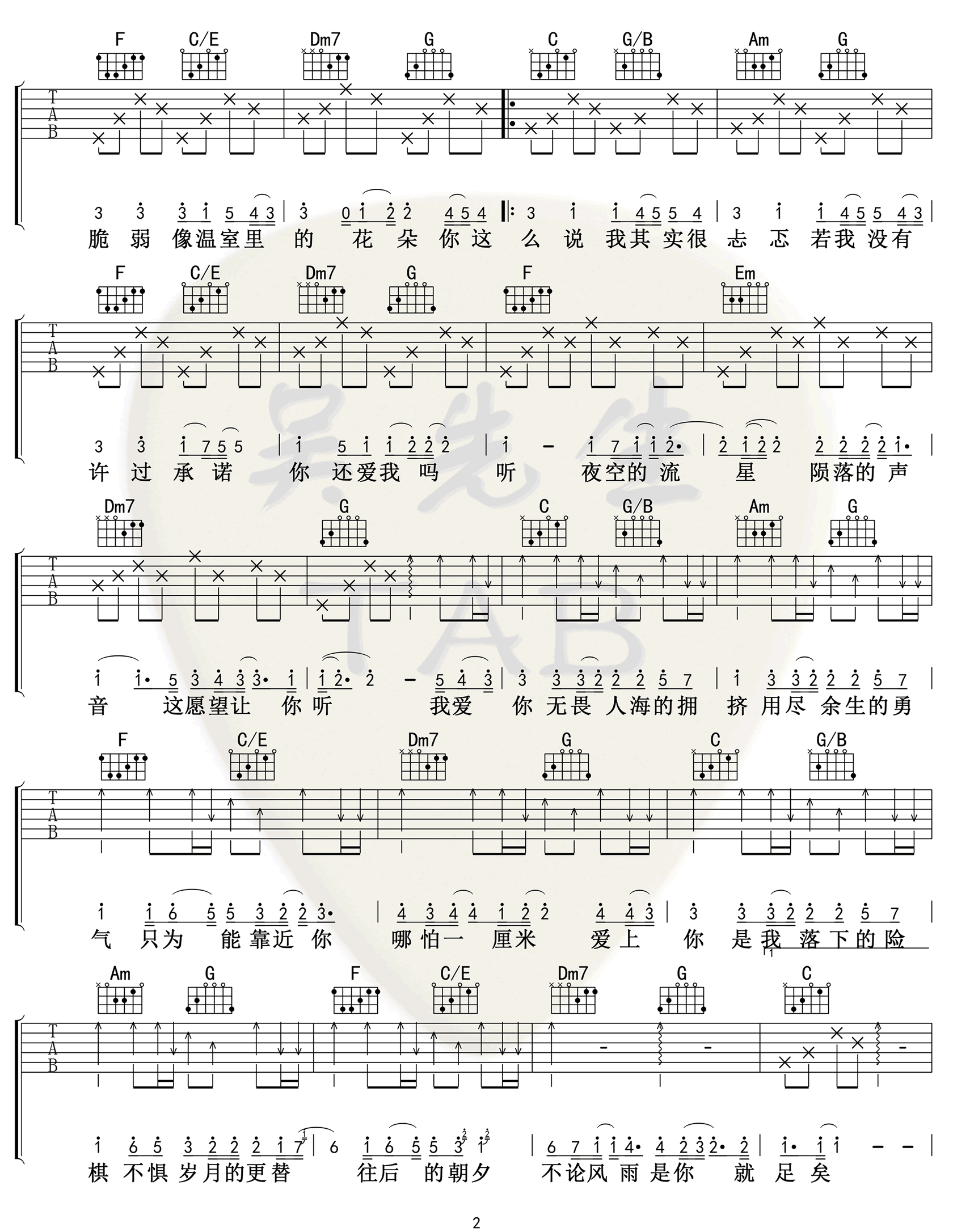棉子《勇气》吉他谱_C调原版弹唱谱 棉子《勇气》吉他谱_C调原版弹唱谱