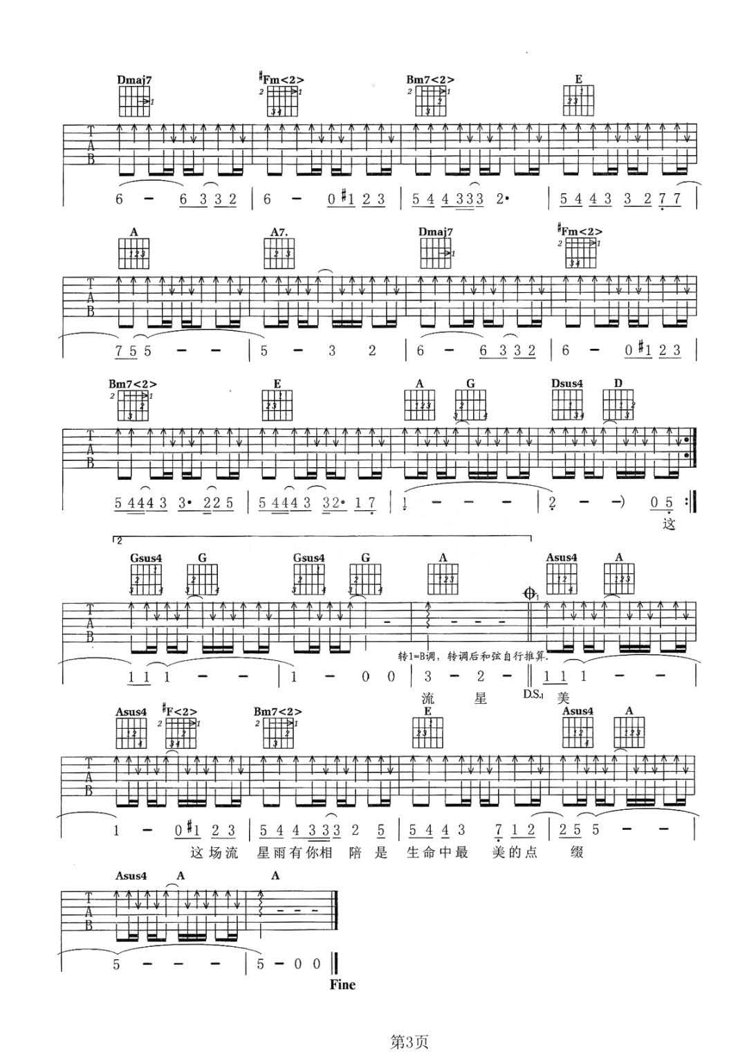 张翰/俞灏明/魏晨《星空物语》吉他谱_G调指法