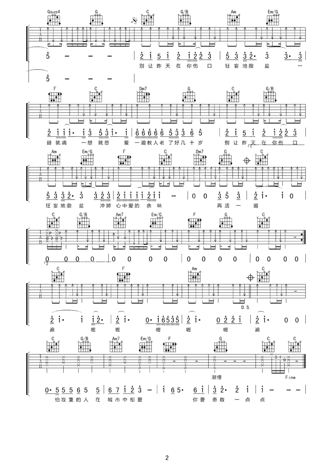 张惠妹《别在伤口撒盐》吉他谱_C调原版弹唱谱